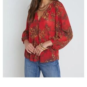 L'AGENCE Teagan Red Jungle Toile Chiffon Novelty Button Down Shirt Blouse XXS